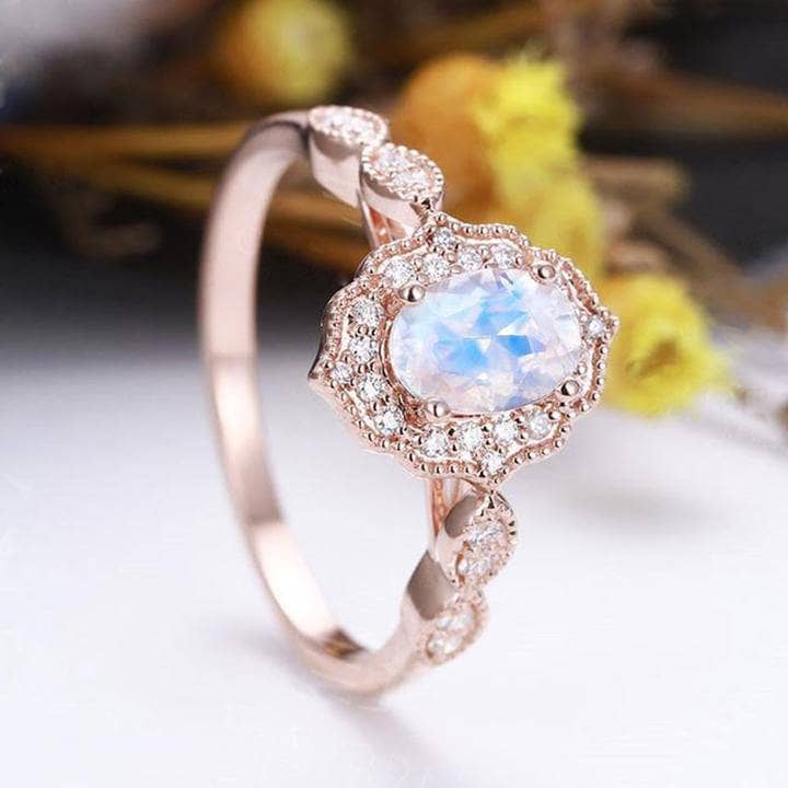 Rose Gold Oval Cut Moonstone Engagement Ring-Black Diamonds New York