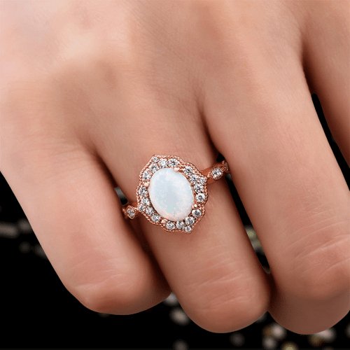 Rose Gold Oval Cut Moonstone Engagement Ring-Black Diamonds New York