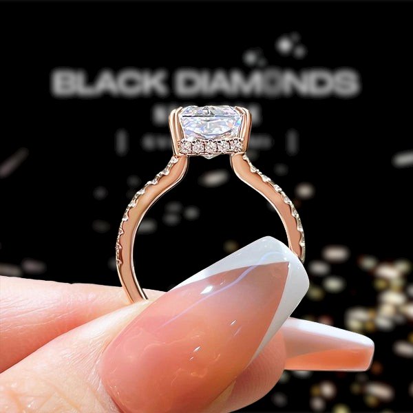 Rose Gold Radiant Cut Simulated Diamonds Engagement Ring-Black Diamonds New York