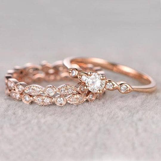 Rose Gold Round Cut 3PC Wedding Ring Set-Black Diamonds New York