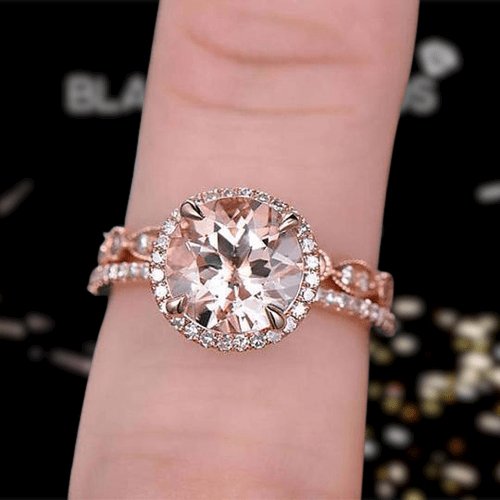 Rose Gold Round Cut Champagne Sapphire Art Deco Wedding Ring Set-Black Diamonds New York