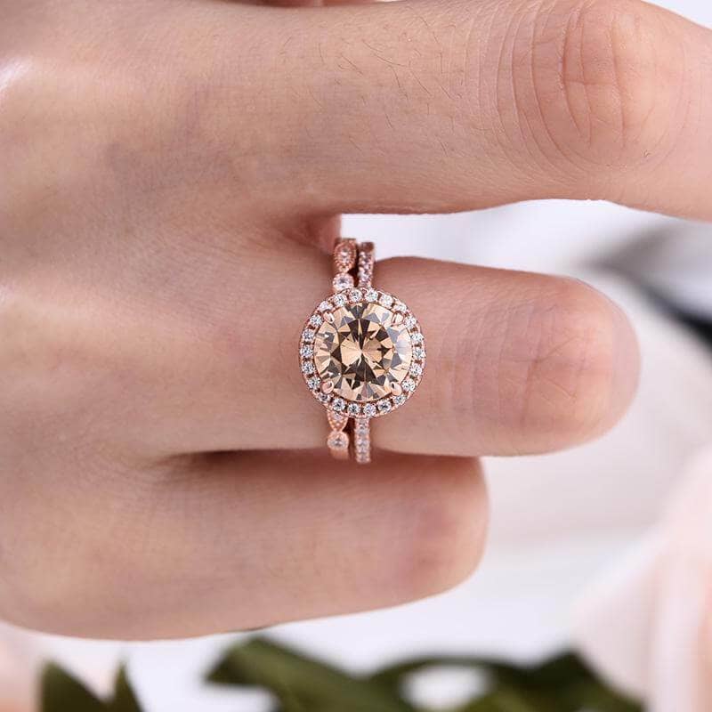 Rose Gold Round Cut Champagne Sapphire Art Deco Wedding Ring Set-Black Diamonds New York