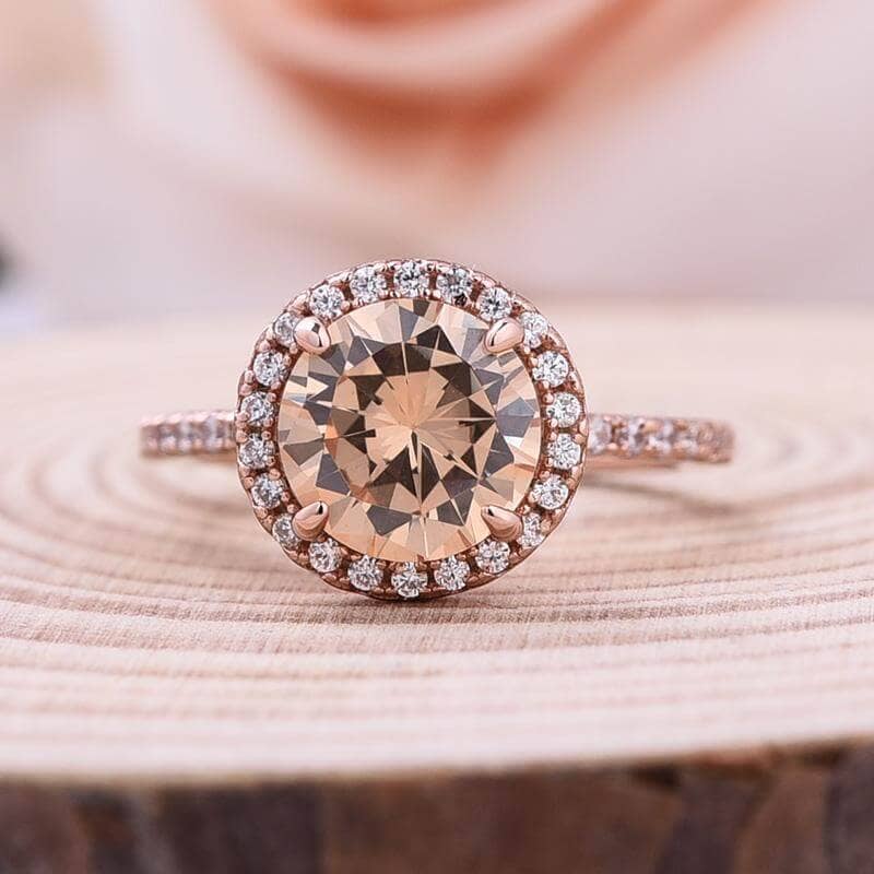 Rose Gold Round Cut Champagne Sapphire Art Deco Wedding Ring Set-Black Diamonds New York