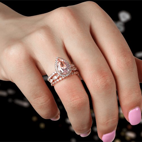 925 Silver Rose Gold Plated Created Pear Cut Morganite White Topaz store Ring Size 7