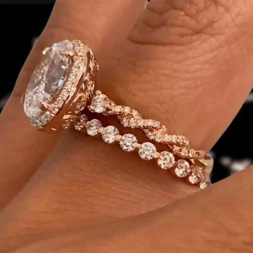 Rose Gold Twist Halo Oval Cut Simulated Diamond Set-Black Diamonds New York