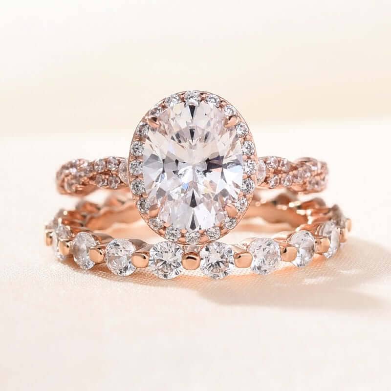 Rose Gold Twist Halo Oval Cut Simulated Diamond Set-Black Diamonds New York