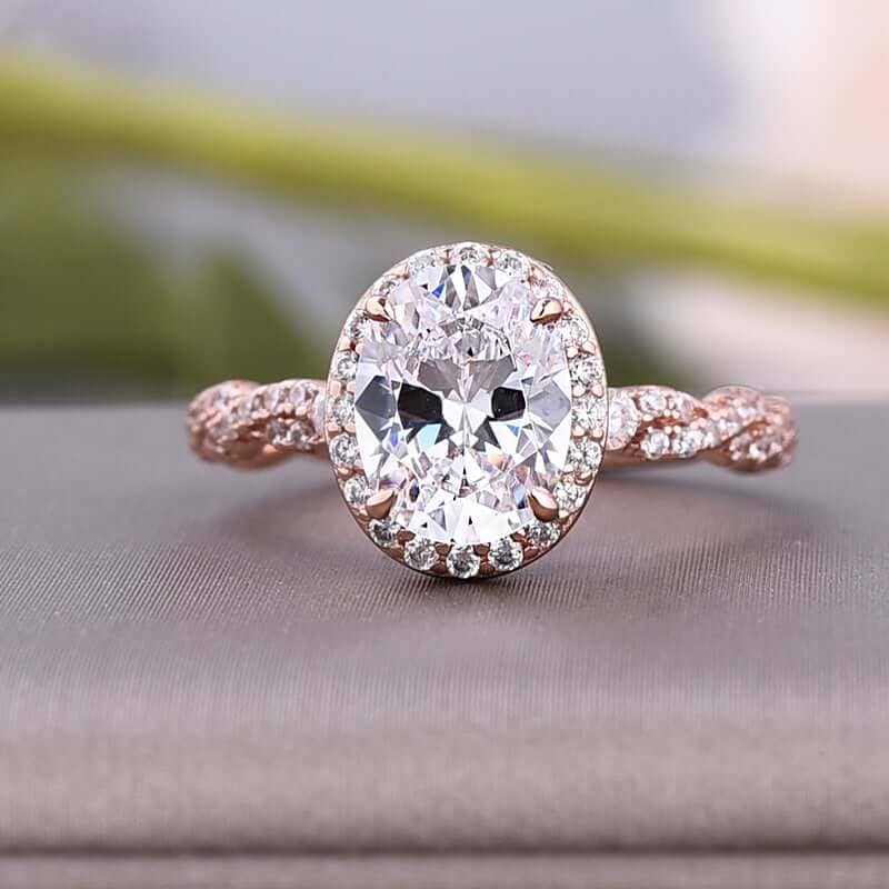 Rose Gold Twist Halo Oval Cut Simulated Diamond Set-Black Diamonds New York