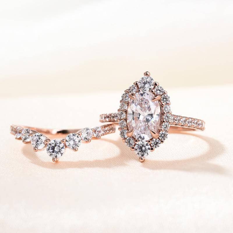 Rose Gold Unique Design Halo Oval Cut Wedding Set-Black Diamonds New York