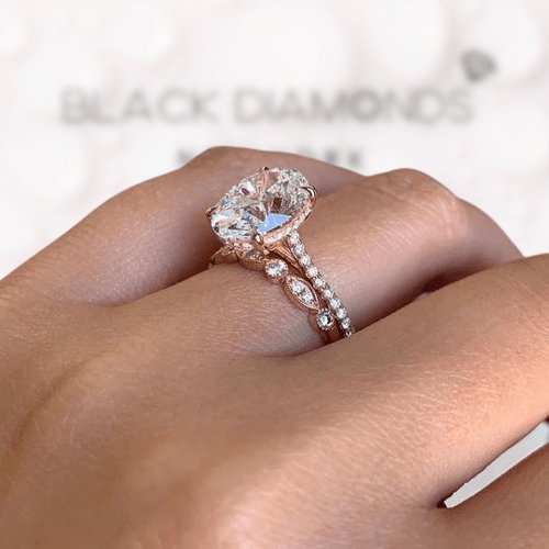 Rose Gold White Sapphire Oval Cut Wedding Ring Set-Black Diamonds New York