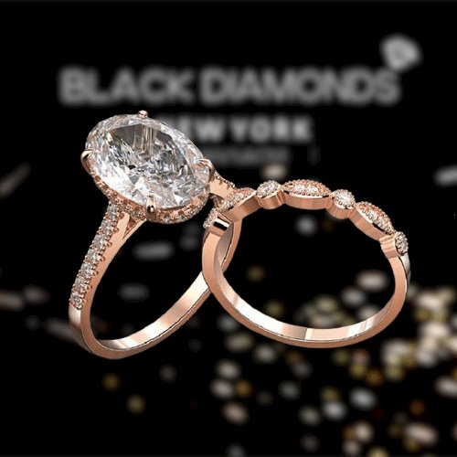 Rose Gold White Sapphire Oval Cut Wedding Ring Set-Black Diamonds New York