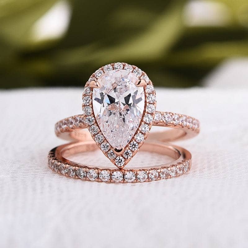 Rose Gold White Sapphire Pear Cut Wedding Ring Set-Black Diamonds New York