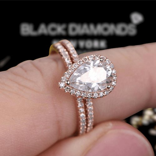 Rose Gold White Sapphire Pear Cut Wedding Ring Set-Black Diamonds New York