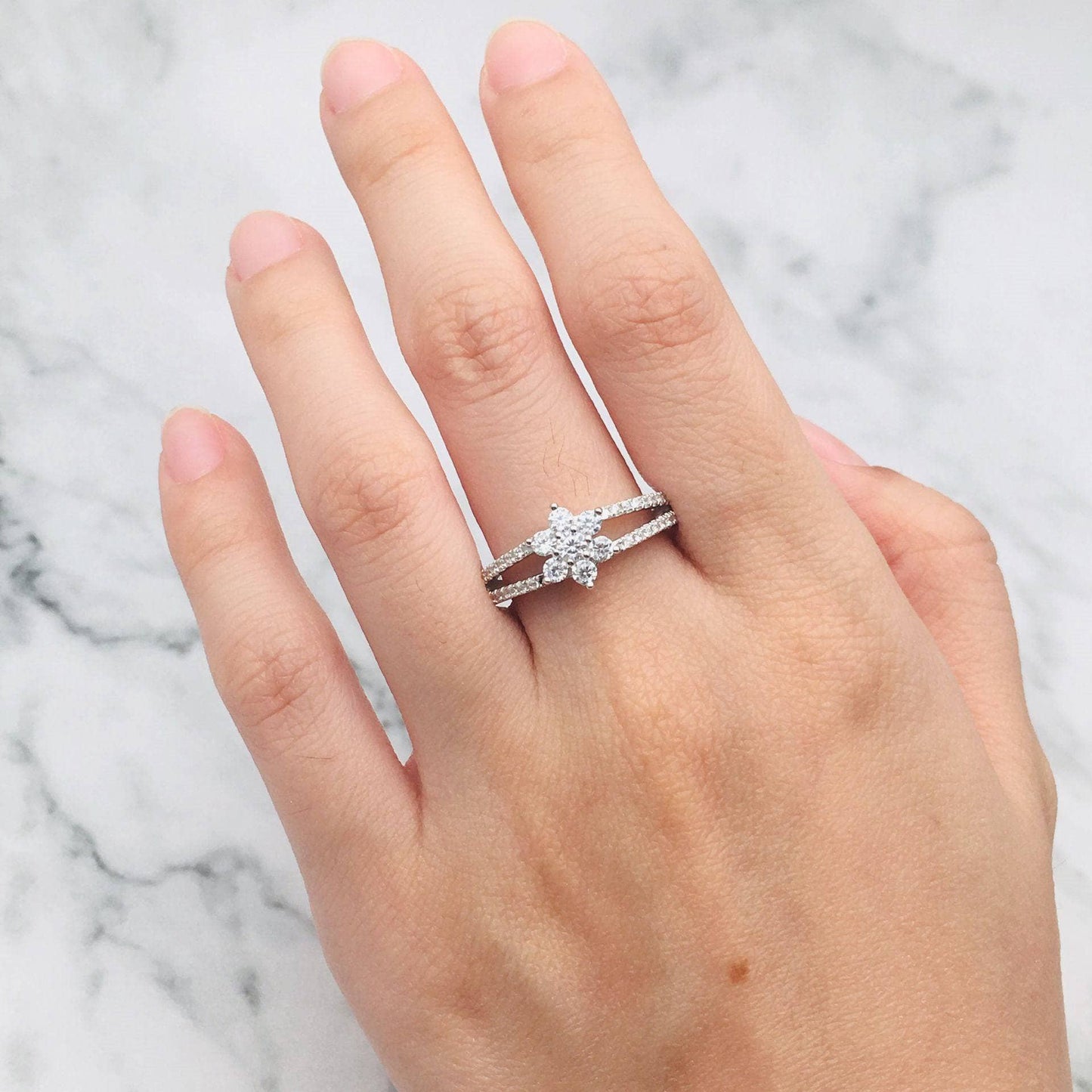Round Cut 18k Diamond Cute Flower Design Engagement Ring-Black Diamonds New York