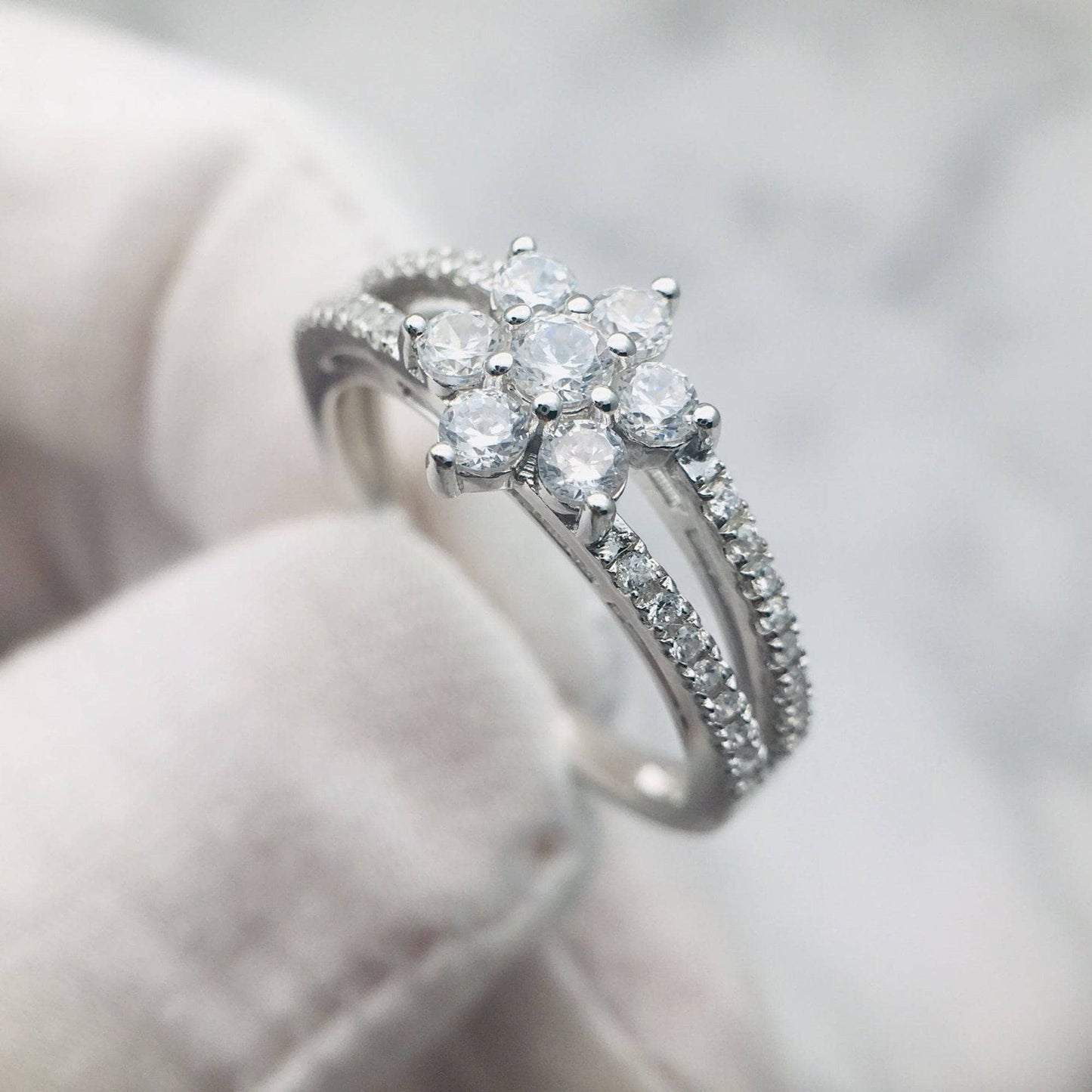 Round Cut 18k Diamond Cute Flower Design Engagement Ring-Black Diamonds New York