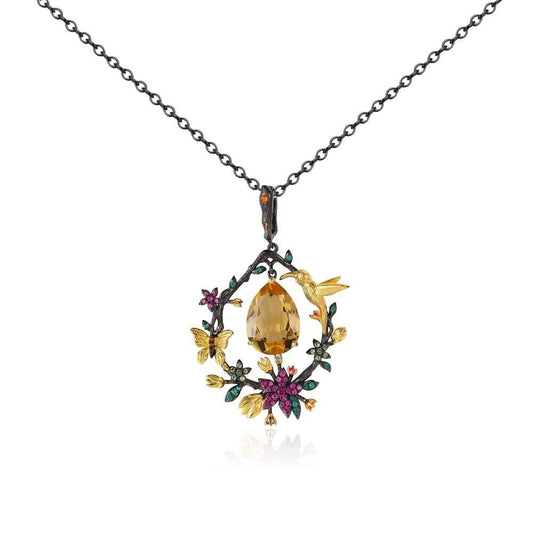 Secret Garden Natural Gemstone Dangle Pendant Necklace-Black Diamonds New York