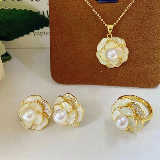 Shell Flower Natural Freshwater Pearl Jewelry Set-Black Diamonds New York
