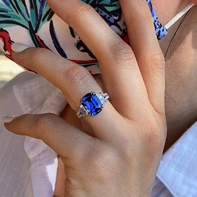 Split Shank Blue Sapphire Cushion Cut Three Stone Engagement Ring