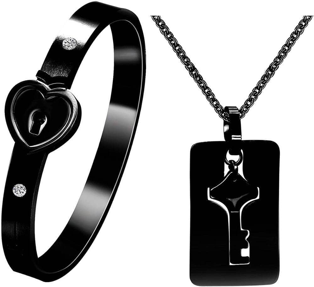 Black Diamonds New York Stainless Steel Lock and Key Necklace and Bracelet