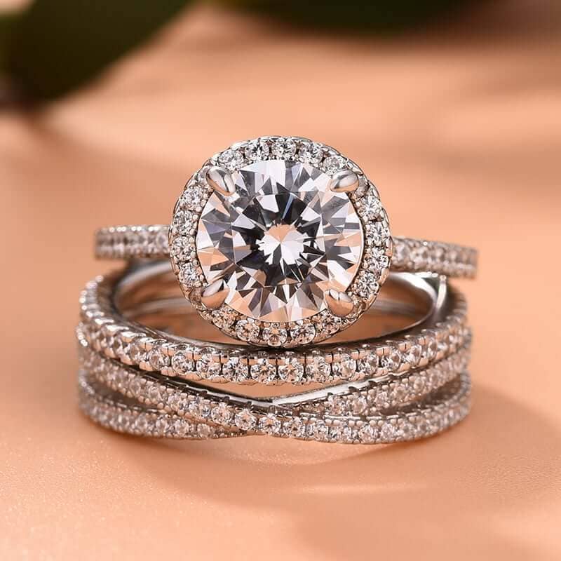 Stunning Halo Round Cut Sona Simulated Diamond Bridal Ring Set from Black  Diamonds New York