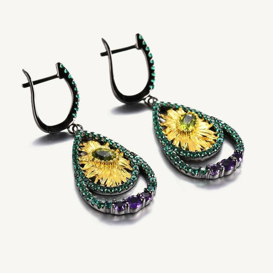 Sun Flower Handmade Flower Dangle Earrings-Black Diamonds New York