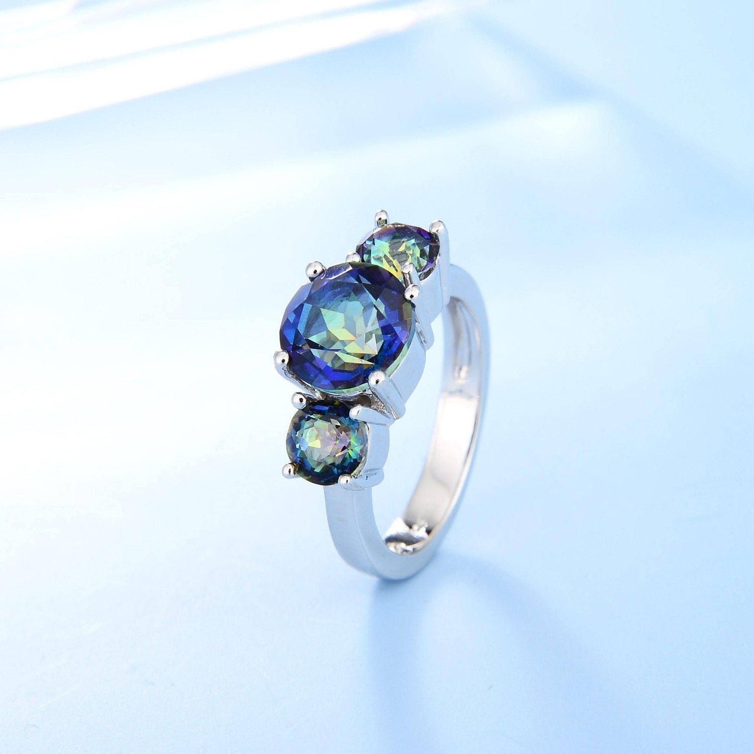 Three Natural Mystic Topaz Birthstone Ring-Black Diamonds New York