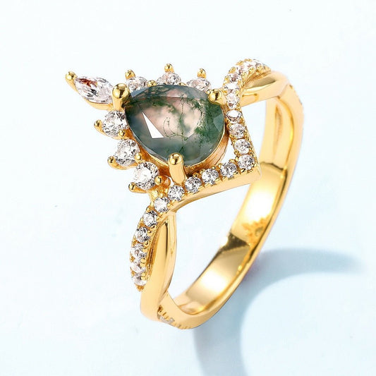 Vintage Pear cut Natural Moss Agate Wedding Ring-Black Diamonds New York