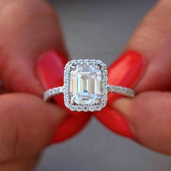 White Gold Classic Halo Emerald Cut Engagement Ring-Black Diamonds New York