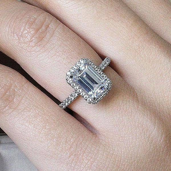 White Gold Classic Halo Emerald Cut Engagement Ring-Black Diamonds New York