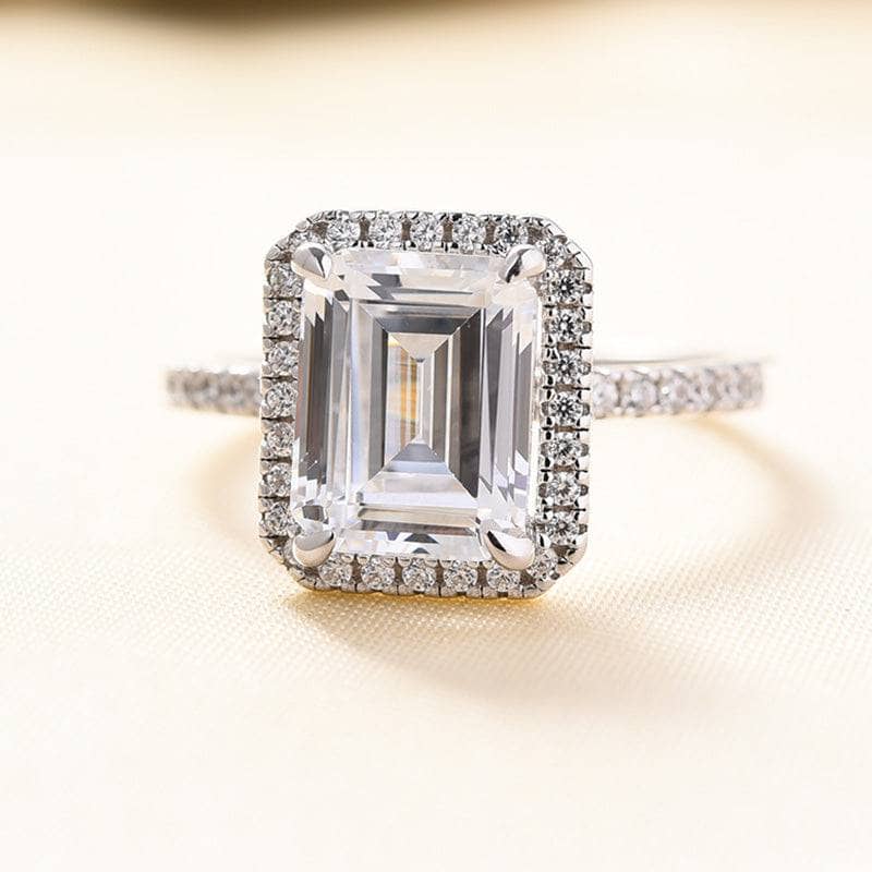 White Gold Classic Halo Emerald Cut Engagement Ring-Black Diamonds New York