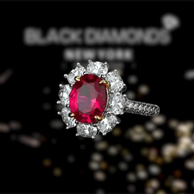 White Gold Flower Shape Oval Cut Ruby Engagement Ring-Black Diamonds New York