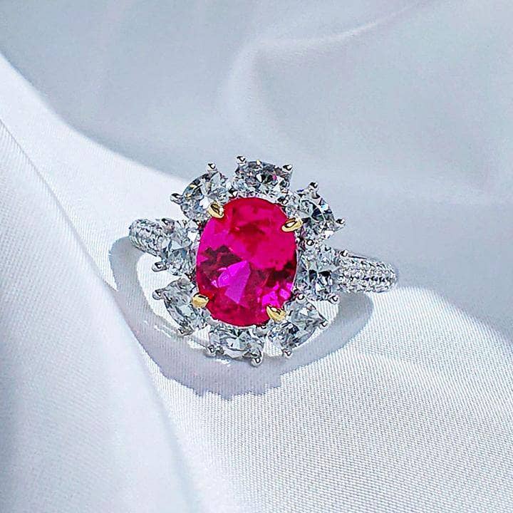 White Gold Flower Shape Oval Cut Ruby Engagement Ring-Black Diamonds New York