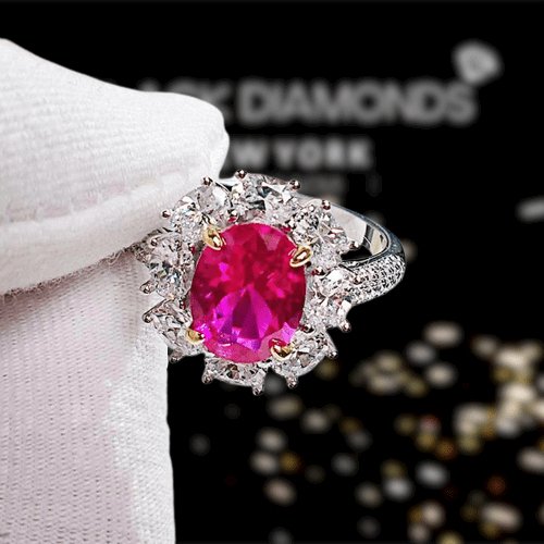 White Gold Flower Shape Oval Cut Ruby Engagement Ring-Black Diamonds New York