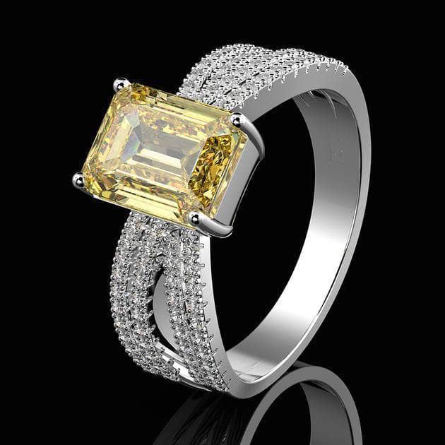 White Gold Simulated Yellow Sapphire 3.0ct Emerald Cut Engagement Ring-Black Diamonds New York