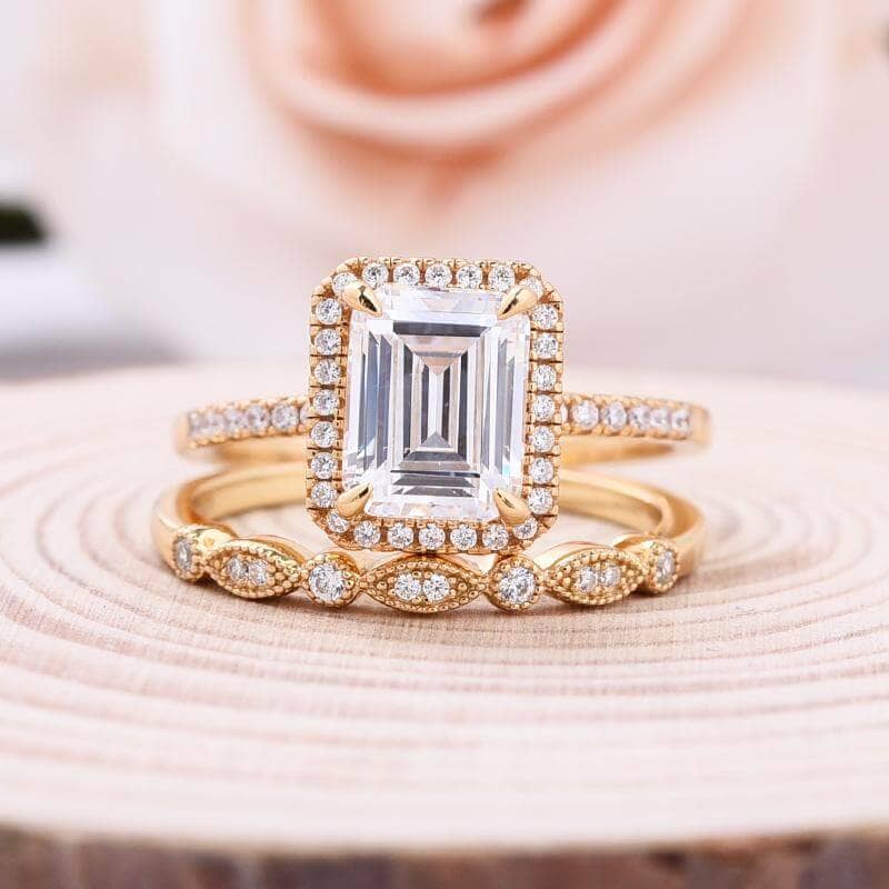 Yellow Gold 4.0 CT Emerald Cut Wedding Ring Set-Black Diamonds New York