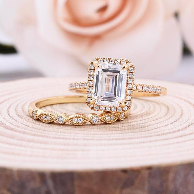 Yellow Gold 4.0 CT Emerald Cut Wedding Ring Set-Black Diamonds New York