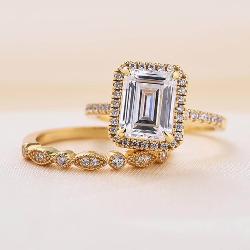 Yellow Gold 4.0 CT Emerald Cut Wedding Ring Set-Black Diamonds New York