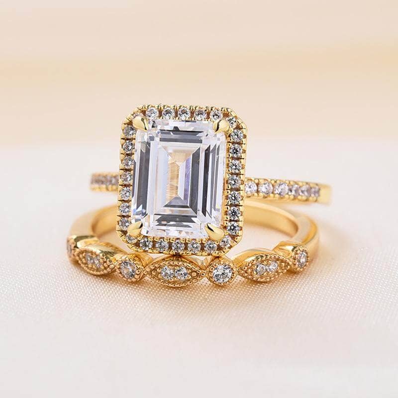 Yellow Gold 4.0 CT Emerald Cut Wedding Ring Set-Black Diamonds New York