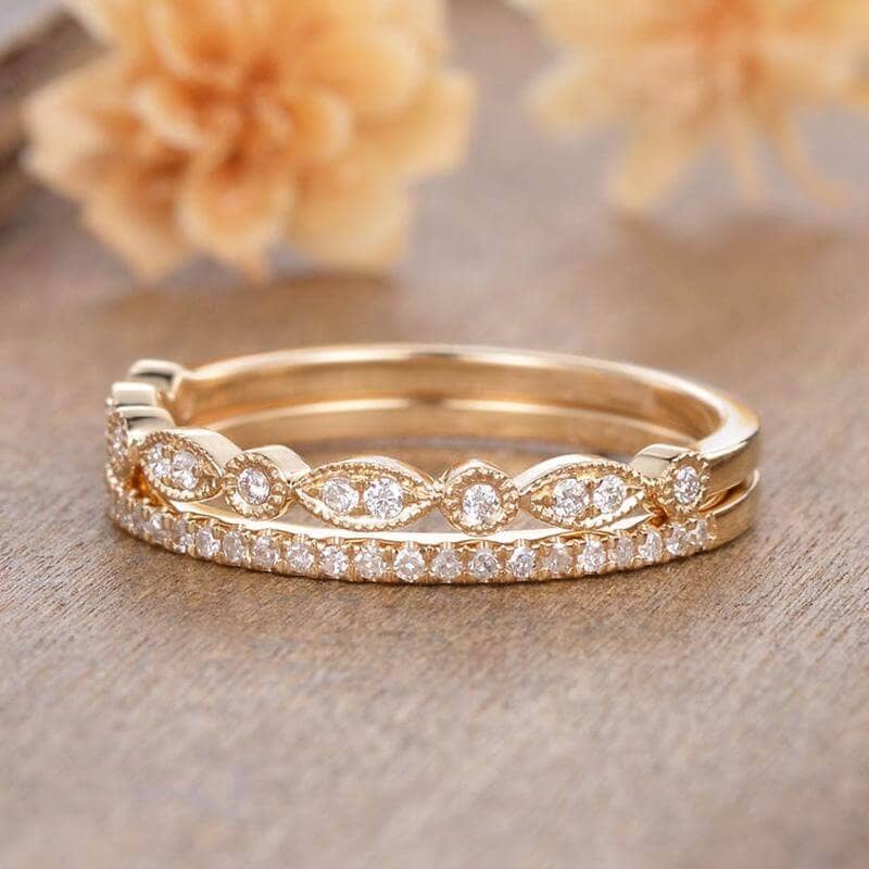 Yellow Gold Art Deco Eternity Stackable Wedding Band Set-Black Diamonds New York