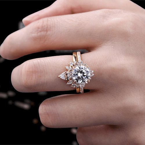 Yellow Gold Flower Halo Design Round Cut Wedding Set-Black Diamonds New York