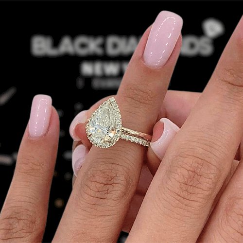 Yellow Gold Halo Pear Cut Simulated Diamonds Bridal Set-Black Diamonds New York