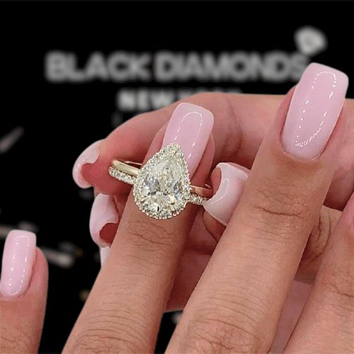 Yellow Gold Halo Pear Cut Simulated Diamonds Bridal Set-Black Diamonds New York