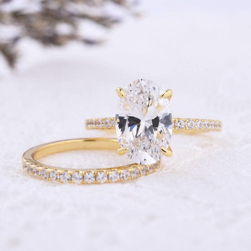 Yellow Gold Oval Cut Simulated Diamond Wedding Ring Set-Black Diamonds New York