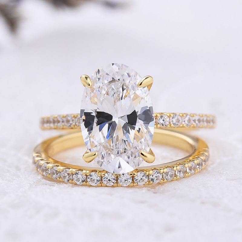 Yellow Gold Oval Cut Simulated Diamond Wedding Ring Set-Black Diamonds New York