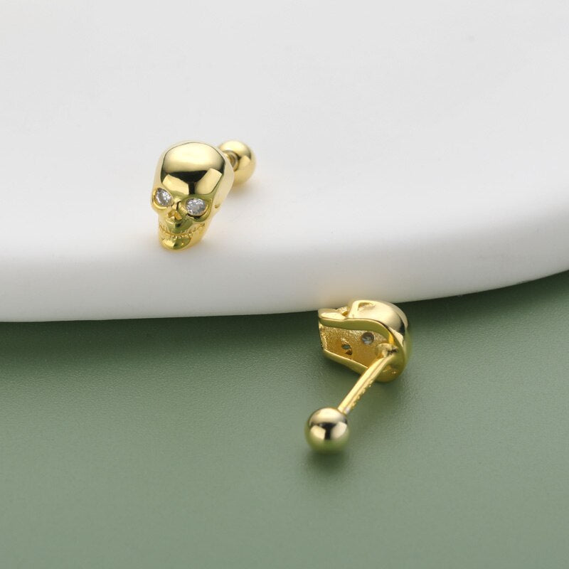Yellow Gold Skull Created Diamond Screw Stud Earrings-Black Diamonds New York