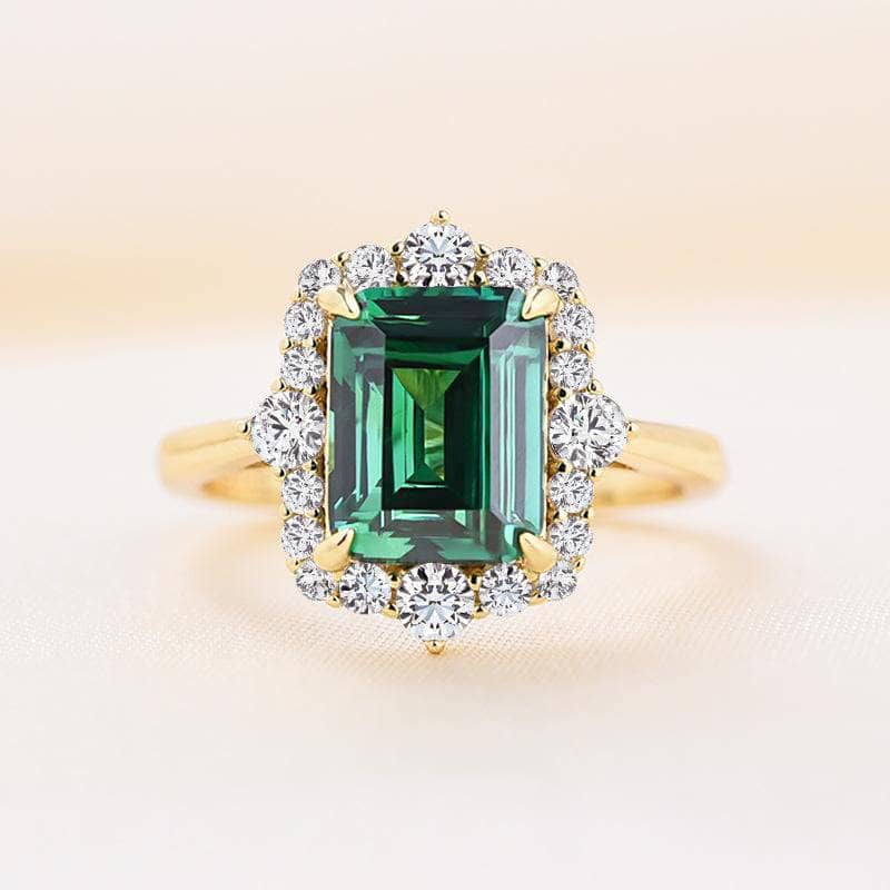 Yellow Gold Diamond Halo Emerald Cut Engagement Ring-Black Diamonds New York