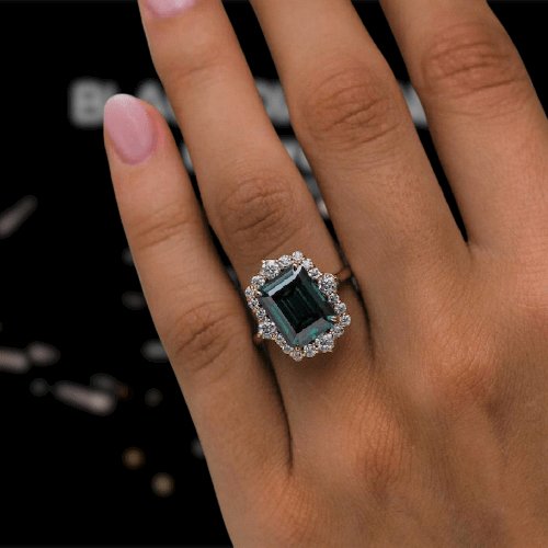 Yellow Gold Diamond Halo Emerald Cut Engagement Ring-Black Diamonds New York